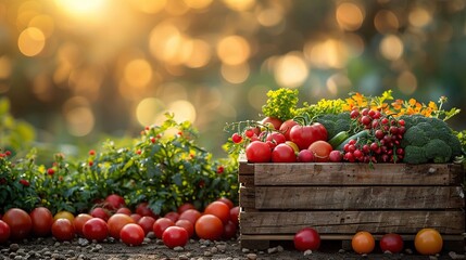A wooden box filled with harvested vegetables sits in front of a blurred green farm field, with space available for banners promoting October festivals and harvest moon celebrations.