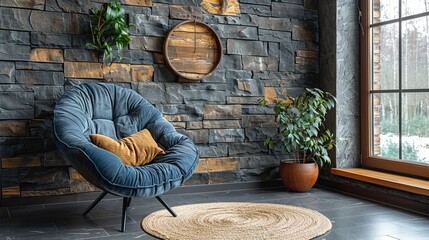 A wooden cabinet stands against a rustic stone-clad wall, highlighting the interior design of a vintage lounge area.