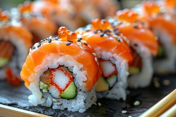Close-up of Uramaki Sushi Rolls filled with Seafood and Vegetables on Dark Platter, Asian Cuisine