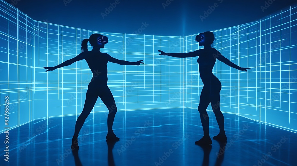 Poster high-tech virtual dance studio with interactive choreography and ai-driven performance analysis