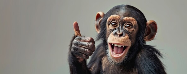 Amused chimpanzee pointing with excitement. Expressive animal behavior in humorous setting.