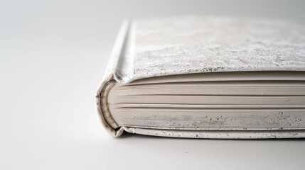 White book with a speckled cover is resting closed on a table, its spine facing the viewer
