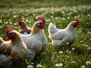 Fototapeta premium Chickens grazing on a pasture