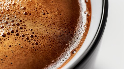 Close-up of steaming black coffee with frothy foam in cozy mug, exuding rich aroma and invigorating caffeine kick