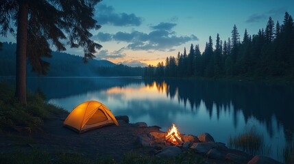 Camping tent and campfire at beautiful lake in forest on summer evening