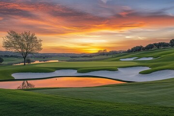 A breathtaking landscape of a golf course at sunrise, with perfectly manicured greens, smooth fairways, and a calm lake reflecting the early morning light. The scene includes strategically placed bunk