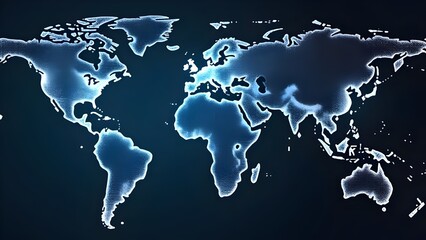 Digital world map with neon blue color continents contemporary visualization infographic universe