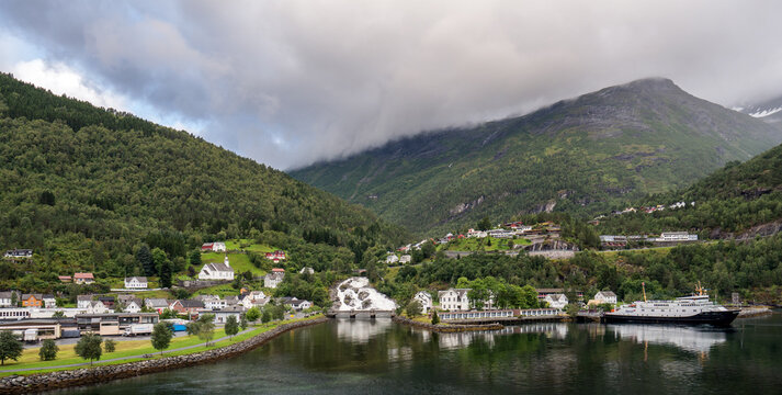 View of Hellesyltfossen, a waterfall in Hellesylt, Norway.