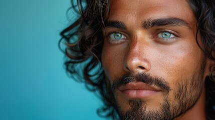 Obraz premium A young handsome male model with long black curly hair gazes away, set against a blue background with space for text.