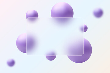 Background with glass partition and floating blue balls in glass morphism style.