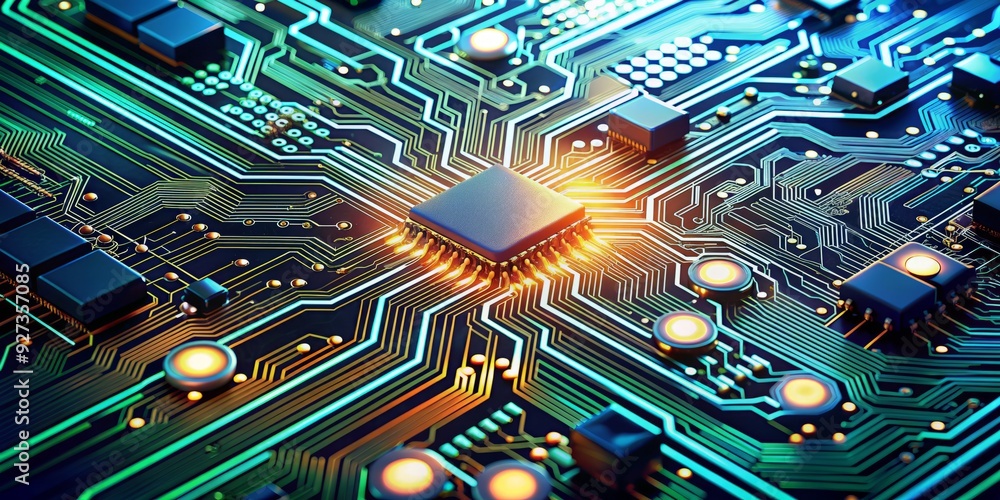 Poster detailed electronic circuit board background with complex digital pathways, microchip components, an