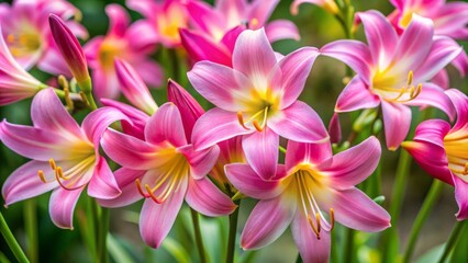 Fototapeta premium Vibrant, pink, funnel-shaped flowers with white throats and yellow anthers adorn slender stems of this compact, hardy, award-winning sword lily, ideal for summer gardens and bouquets.