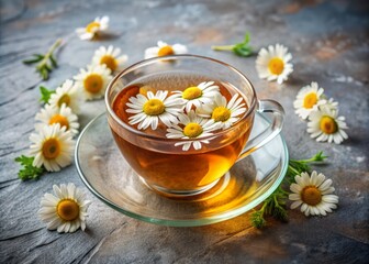 Soothing cup of hot chamomile tea with fresh flowers on a textured background, evoking feelings of calmness and relaxation, perfect for promoting serenity and wellness.