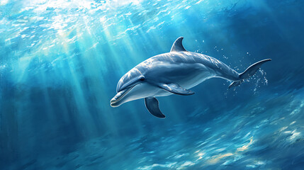 Naklejka premium A bottlenose dolphin, a marine mammal of the family delphinidae, swimming in the ocean.