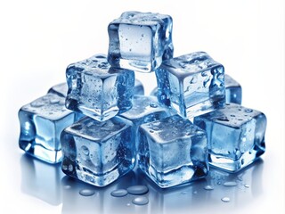 Frosted ice cubes scattered on a white background, evoking a sense of refreshment and rejuvenation, perfect for cool drinks and wellness-themed designs and communications.