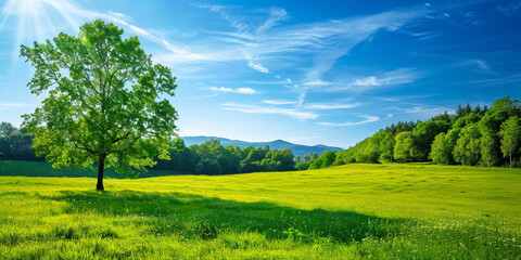 Fototapeta premium Spring Landscape with Green Grass and Trees under Blue Sky and Sunlight Blooming Flowers in Field 