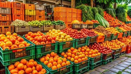Obraz premium Vibrant orange plastic crates overflowing with fresh produce, including juicy fruits and crisp vegetables, stacked at a bustling outdoor market in Brazil.
