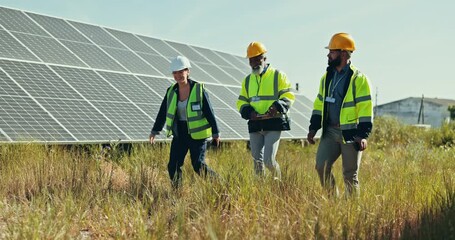 People, engineer and solar panel for eco friendly environment or alternative energy in nature. Group of employees, contractor or technician team walking for outdoor electrical installation in sun