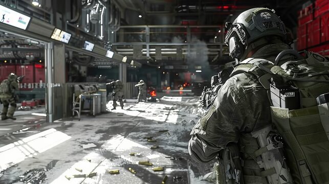 Screenshot of action video game with first person shooter (FPS) view. Fictional war and commands video game with player's perspective.