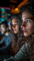 A woman with curly hair is looking at a computer screen with other people in the background. Concept of focus and concentration as the woman stares at the screen.