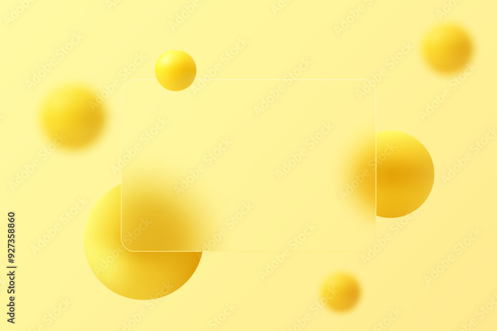 Poster website landing page template. frosted glass partition with floating golden spheres in glass morphis