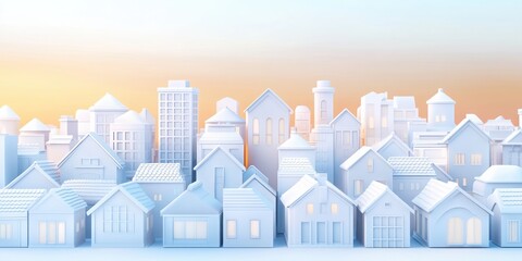Obraz premium A serene landscape of minimalist white buildings under a soft sunrise, showcasing an abstract urban environment.