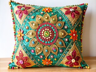 Vibrant, intricately designed, handmade embellished cushion covers with elaborate patterns, beads, and sequins, adding a touch of luxury and elegance to any home decor setting.