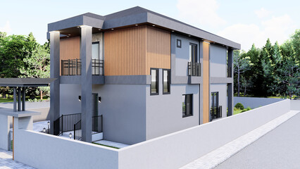 3D extrerior render of 2 floor of apartment with lighting, trees, parking lot and garden.  3D rendering.