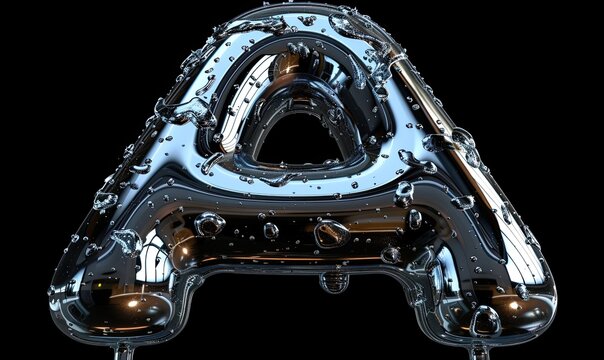 A shiny, reflective letter "A" made of molten metal, with a fluid droplet shape, suitable for futuristic font designs.