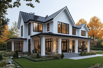 A modern farmhouse style exterior with white vertical boards and a black roof