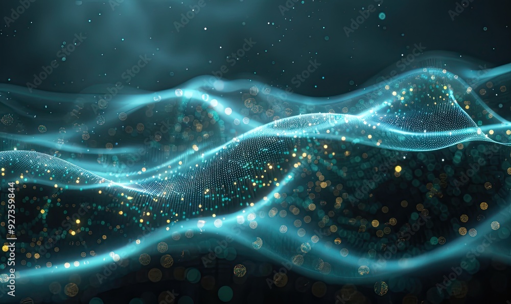Wall mural a sound wave pattern element features green and blue digital curves, representing audio or communica