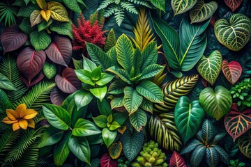 Naklejka premium Dramatic display of lush greenery featuring varied leaf shapes and hues, set against a dark backdrop, highlighting nature's stunning diversity and vibrant beauty.