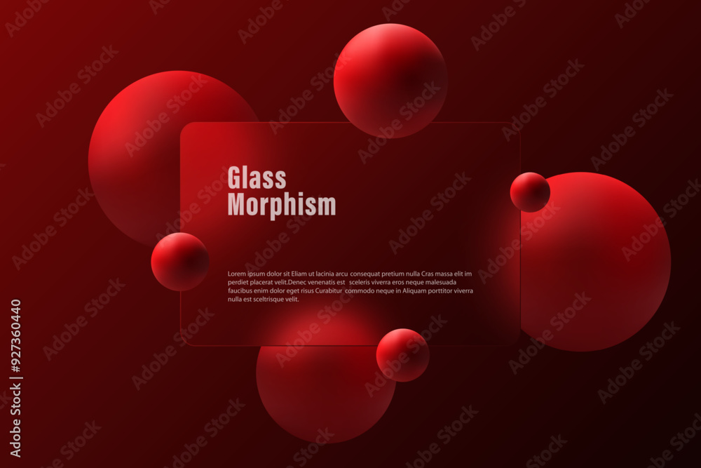 Poster glass morphism website landing page template. red background with glass partition and floating red s
