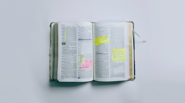Open bible book with bookmarks and handwritten notes on a white surface