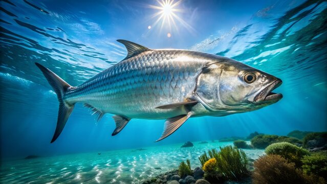 Magnificent tarpon fish, megalops atlanticus, grasped by a weathered hand, its silver scales glistening in the sunlight, against a vibrant blue ocean background.