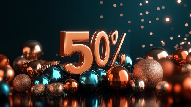 Festive 3D render featuring a metallic and glossy 50 percent discount, ideal for promoting a mega shopping offer during holidays