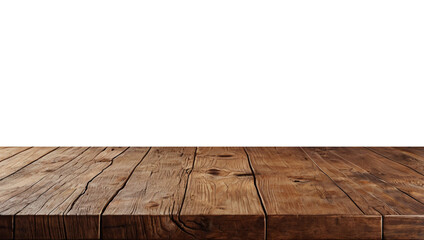Empty wooden table top in warm brown tones, perfect for showcasing products or creating a rustic display,transparent background png file.