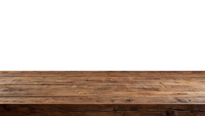 Fototapeta premium Empty wooden table top in warm brown tones, perfect for showcasing products or creating a rustic display,transparent background png file.