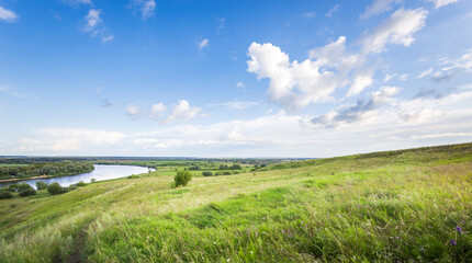 Fototapeta premium A lush green hillside gently slopes down to a tranquil river, reflecting the scattered clouds in the blue sky, creating a peaceful summer ambiance.
