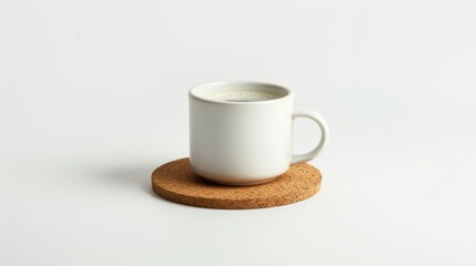 White coffee mug on a cork coaster against a white background, evoking warmth and comfort. Perfect for cozy mornings or relaxing breaks. Ideal for various projects