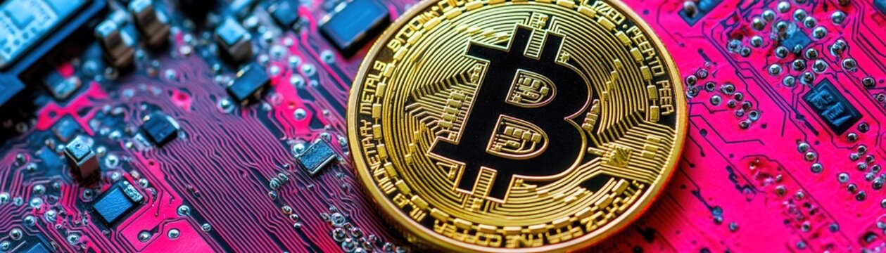 Gold Bitcoin coin on a red motherboard, representing cryptocurrency and blockchain technology in a digital world.