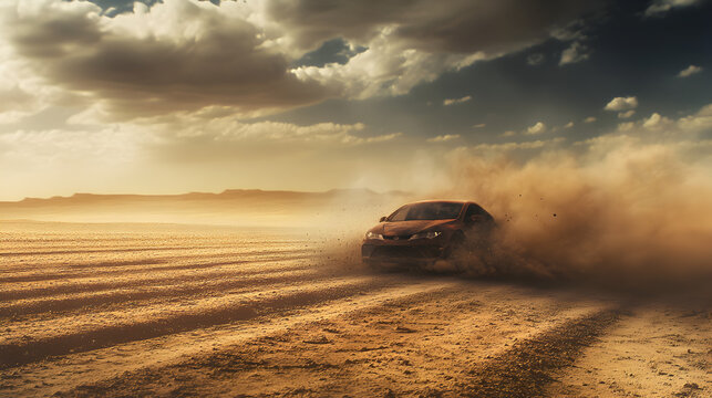 A car captured mid-drift on a wide, open plain, with dust and dirt flying in all directions.


