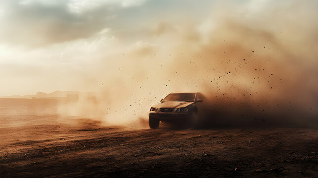 A car captured mid-drift on a wide, open plain, with dust and dirt flying in all directions.


