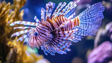 A beautiful lionfish spreading its fins, displaying its intricate patterns and vibrant colors.