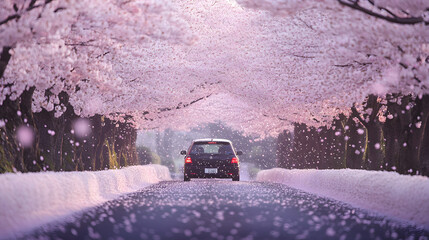 A car driving through a tunnel of cherry blossom trees, with petals falling gently around it.



