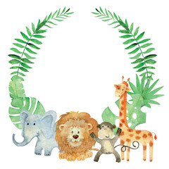Obraz premium Baby shower card. Vector Watercolor safari card with animals.