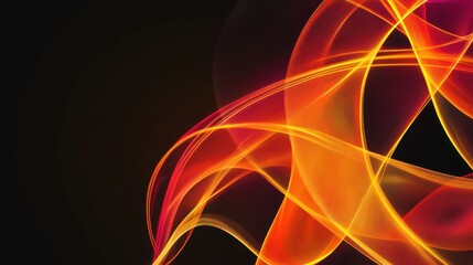Abstract design featuring vibrant orange and red flowing lines against a dark background.