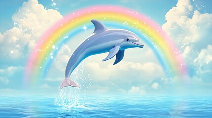 A cartoon dolphin performing a flip out of the water, with a rainbow and happy clouds in the background.