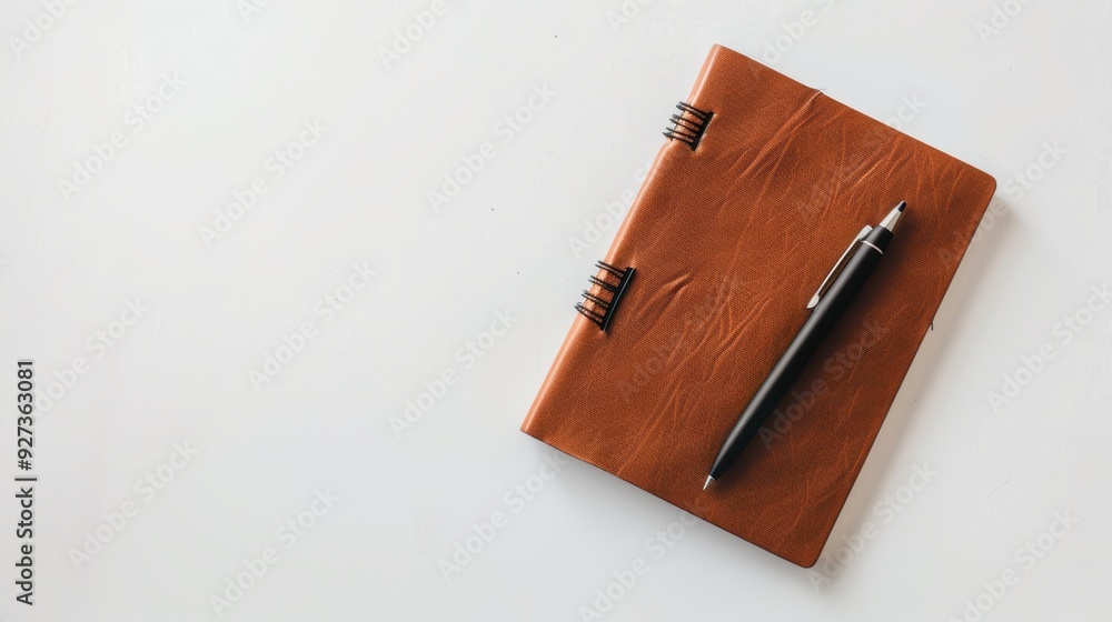 Poster elegant and minimalist: brown leather notebook and pen on a white desk, creating a serene workspace 