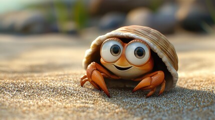 Fototapeta premium A cartoon hermit crab peeking out from its shell, with big eyes and a friendly smile, set against a sandy beach.